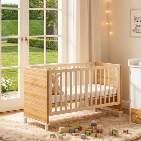 Lit bébé à barreaux 70x140 cm,sommier réglable 5 hauteurs,barreaux espacés 5 cm,pieds stables,bois naturel et MDF (1/5)