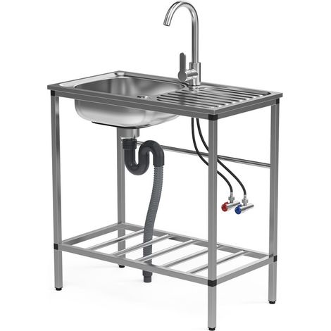 Évier autoportant en acier inoxydable - Évier de cuisine portable - – Buse chaude et froide rotative à 360° – Tuyau d'évacuation 1 m – 75×40×75cm - Cuisine, coin repas, buffet, espaces communs (1/5)