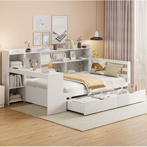 Cama multifuncional 90x200 cm de madera blanca, con escritorio, estantería, baldas, 2 cajones y enchufe USB (1/5)