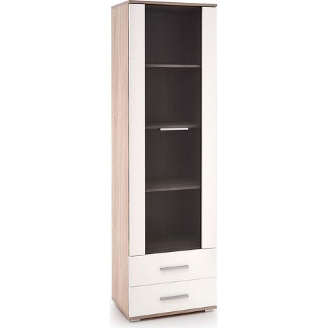 Estantería Cirveso 116, Roble Sonoma + Blanco brillante, Cerrable, Con cajones, Con puertas, Aglomerado laminado, Vidrio templado, Número de puertas: 1, Número de cajones: 2, 200x60x40cm