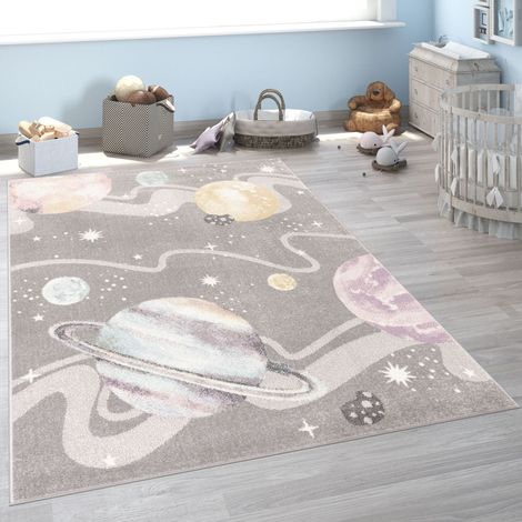 Paco Home Kinderteppich Teppich Kinderzimmer Junge Mädchen Weltraum Planeten Sterne Grau 133x190 cm