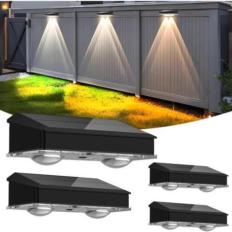 Set mit 4 Solar-Wandleuchten für den Außenbereich, IP65 wasserdichte Solar-Wandleuchten mit Linsentechnologie, 3 Farbmodi, LED-Beleuchtung für Garten, Zaun, Terrasse, Treppe (1/5)