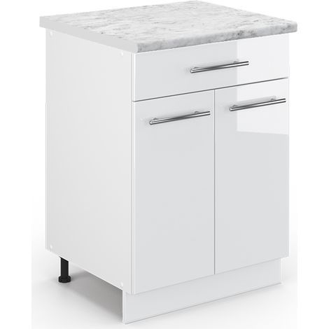 Mobiletto base per cucina Fame-Line, Bianco lucido, 60 cm con cassetto, PL Marmo, Vicco (1/5)