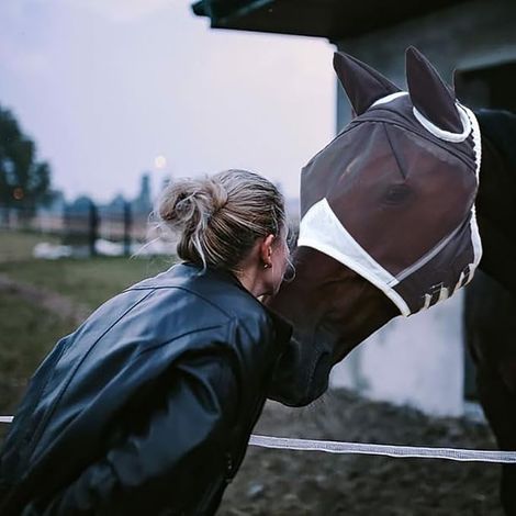 Horse Fly Mask Breathable Black White with Ears, Adjustable Size (L) (1/5)