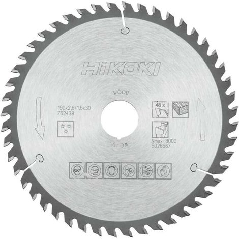 HIKOKI 752438 - Disco para sierra circular e ingletadora 190x2.6x1.6 mm eje 30 mm 48 dientes para madera