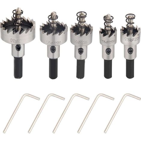 5 Pièce Scies-cloches Drill, HSS Coffret de Scies-Cloches, Adaptateur pour Forage Scie Cylindrique Foret de perçage Trépan, pour Forage Scie coupe de travail des métaux Ouvreur de trou