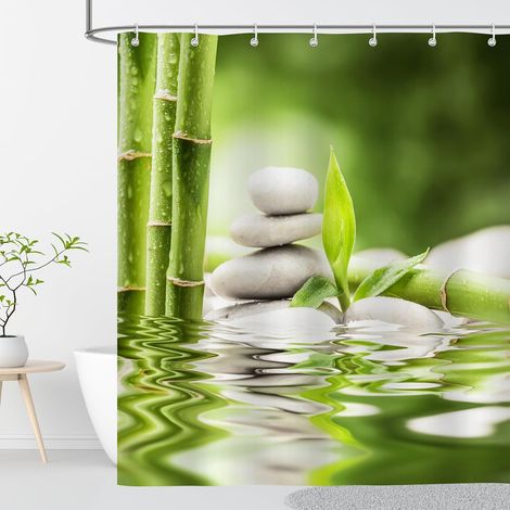 Rideau Douche Anti Moisissure 200x200 cm Bambou Vert Imprimé Rideau de Douche Baignoire Tissu Imperméable Polyester A1 Motif Zen Rideaux Salle de Bain avec Anneaux Lavable Machine (1/5)