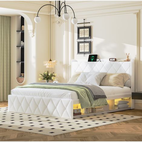 Lit capitonné moderne 160x200 cm blanc en tissu Plush, tête de lit matelassée avec USB, LED et tablette (1/5)