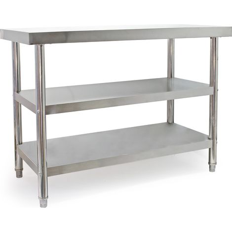 Wiltec Tavolo da lavoro in acciaio inox 120 x 60 x 85 cm con 2 ripiani inferiori e piedi regolabili