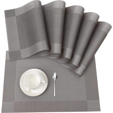 Napperon PVC lavable antidérapant avec chemin de table assorti, 6 pièces gris. (1/5)