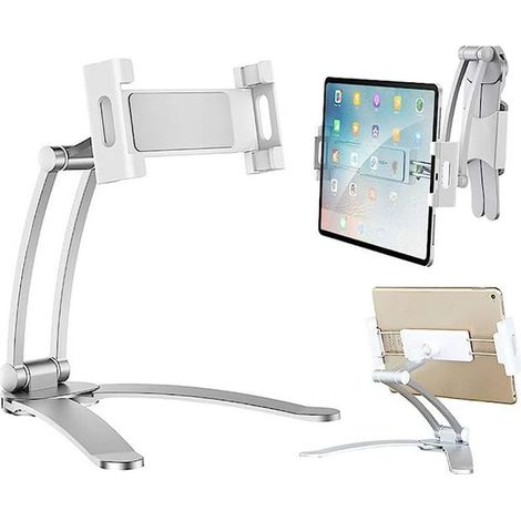 Support mural argenté pour tablette de cuisine, support universel 2-en-1 pliable et réglable, compatible tablette et smartphone, idéal pour lecture en cuisine ou sur bureau, gris argent (1/5)