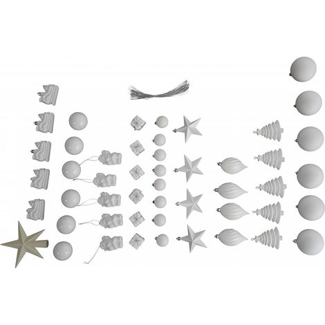 Dmora Box 50 Stück mehrformige Weihnachtsdekorationen, Ornamente und Spitze, Set Sortiment Weihnachtskugeln, Box Set Weihnachtsbaum, 4 bis 10 cm, Farbe weiß