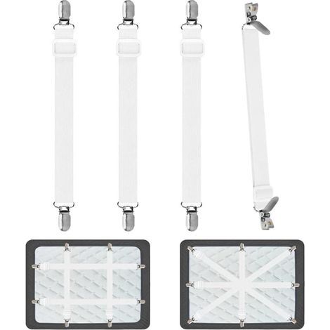 Tendeur Drap Housse pour Linge de Lit 4 Pièces, Réglable Sangles Draps Élastique Sangle de Maintien Ajustable pour Lit ou Canapé d'angle, Matelas, Fauteuil Sièges Coussin (Blanc) (1/4)