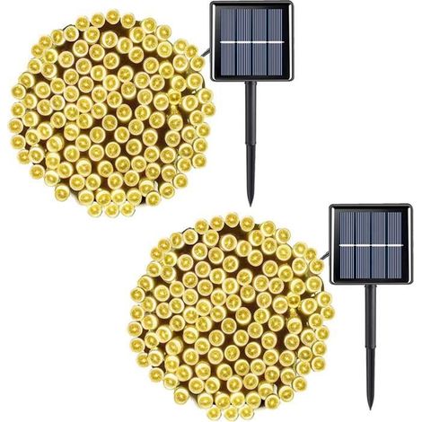 Lot de 2 guirlandes lumineuses extérieur solaire, 200 LED jaunes, 23 m, IP44, pour jardin et fêtes