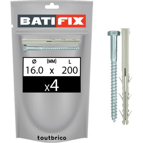 4 chevilles charpente 16x200mm nylon + tirefond Batifix