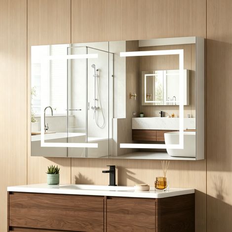 WUMAGIN -Armoire à miroir de salle de bain - 80x60cm - Lumière tricolore réglable - Désembueur intégré - Avec Prise et USB - Portes doubles - Pour Salle de bains, toilettes, salle de douche - Blanc