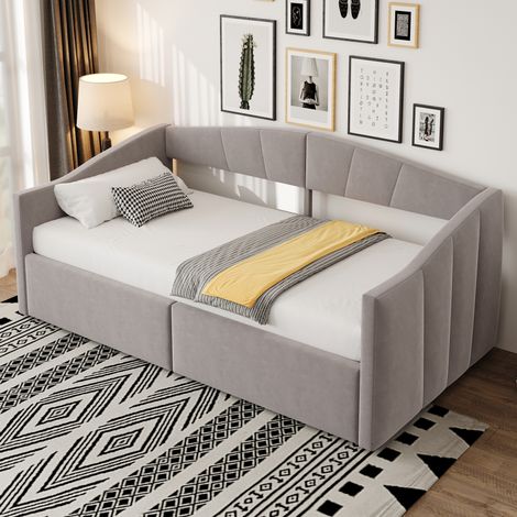 Bett Schlafsofa Stauraum 90x200 Samt Hellgrau OKMYHOME (1/5)