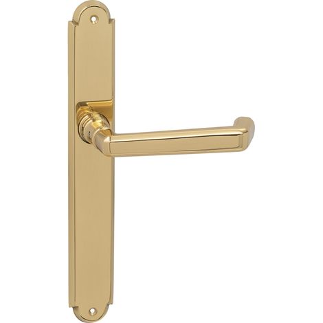 Grundmann Feuerschutz Türdrücker + Langschild ungelocht Alt-Wien für Türstärke 38-72mm DIN 18 273FS, Messing poliert (1/5)