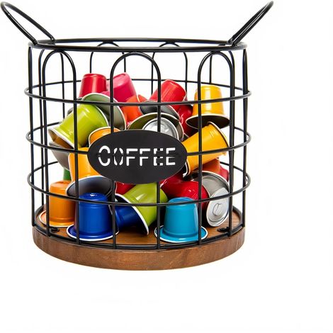 Rangement capsules café, grande capacité, panier métallique avec base en bois. Organisateur pour K-Cups, décoration coin café, cuisine, bureau. (1/5)