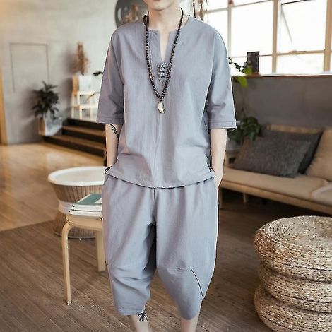 Costume d'été léger pour homme en lin, coupe ample, style chinois, grande taille, 2 pièces, coton et lin / pantalon à manches courtes, ensemble 2 pièces Sci886-L-gris clair (1/5)