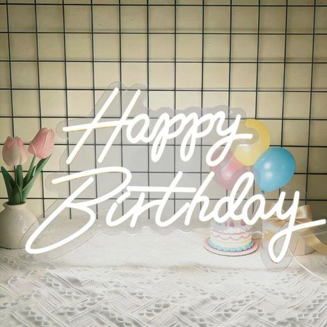 Enseigne néon « Happy Birthday » — Décoration lumineuse pour toile de fond d'anniversaire — Idéale pour les célébrations de tous âges — 19,6 x 11,8 pouces (Blanc) (1/5)