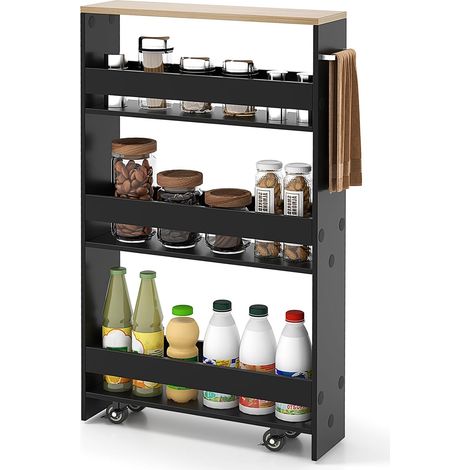 Costway – Desserte de cuisine étroite 4 niveaux – Chariot de rangement à roulettes 47,5 x 13 x 80,5 cm – Barres de protection et roulettes verrouillables – Bois d'ingénierie, métal