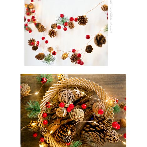 LED-Weihnachtslichterkette mit Glöckchen, Tannenzapfen, Tannenzweigen und roten Beeren – 1 x 2 Meter lange Lichterkette mit 20 Lichtern, aufwendigem Design mit Tannenzapfen und Batteriefach (1/5)