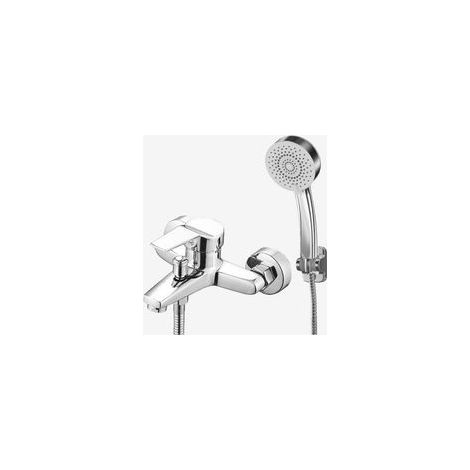 Robinet mitigeur baignoire et douche avec pomme de douche + flexible, fixation murale, finition chromée argentée (1/3)