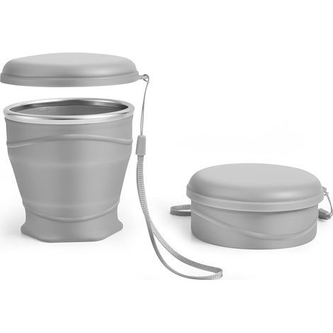 Mug de voyage pliable en silicone avec couvercle anti-poussière, 260 ml, sans BPA, portable et réutilisable pour le camping, les pique-niques, les voyages et le bureau (gris) (1/5)