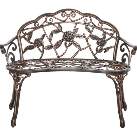 Banc de jardin 2 places en métal, style rétro, motif floral, 100 x 54 x 78 cm, bronze