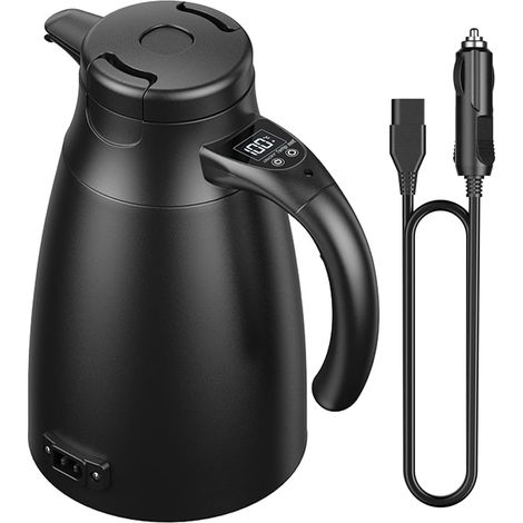 Bouilloire de voyage 12V/24V pour voiture : Bouilloire électrique portable de 1,2 litre en acier inoxydable avec adaptateur allume-cigare. Chauffe jusqu'à 100 °C et dispose d'un écran LCD (1/5)