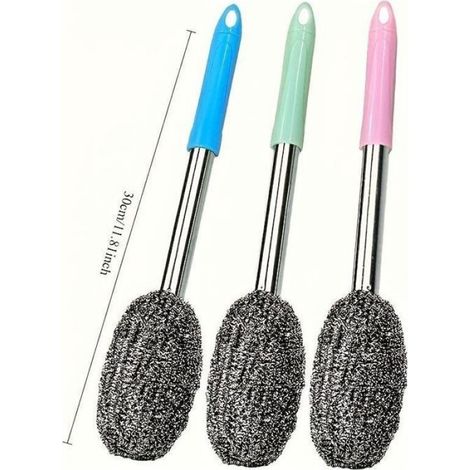 Brosse Récurer - Acier Inoxydable - Manche Ergonomique Rallongé 30 Cm - Pour Cuisine Salle De Bain - Lot De 3 (1/3)