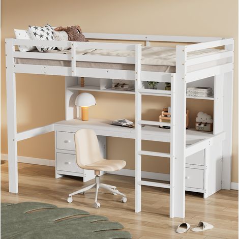Lit mezzanine enfant 90x200 cm blanc en pin et MDF avec bureau et rangements (1/5)