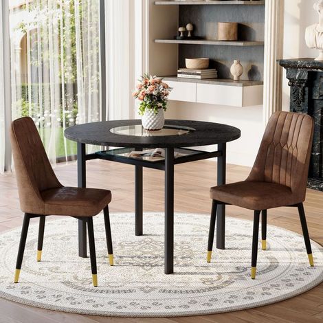 Ensemble Table et Chaises diamètre 100 cm Table ronde 2 fauteuils aspect bois noir tissu technique marron pieds métal noirs (1/5)
