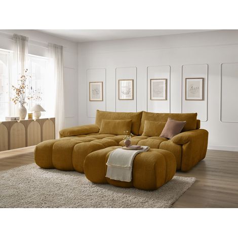 BOBOCHIC - Canapé d'angle fixe IVANE avec dossier avance-recule en tissu texturé et son pouf Angle gauche Jaune (1/5)