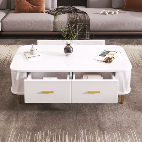 Couchtisch aus MDF in Weiß 105 cm mit 4 Schubladen, gewellten Seiten und goldfarbenen Details