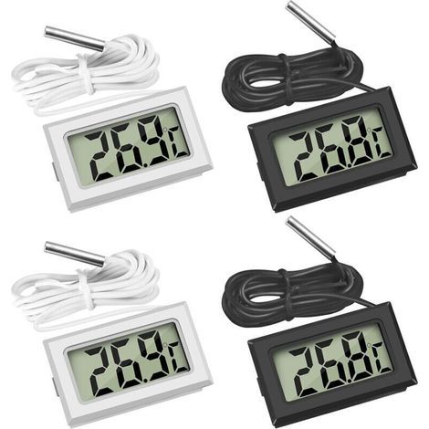 Set di 4 termometri digitali LCD per frigorifero, con sonda impermeabile, ideali per congelatore, acquario e altri piccoli contenitori (2 neri e 2 bianchi). (1/4)