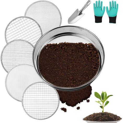 1 - Tamis De Jardin - Acier Inoxydable - 5 Disques Interchangeables - Pour Terre Compost Sable - Extérieur - Argent - 25cm (1/5)