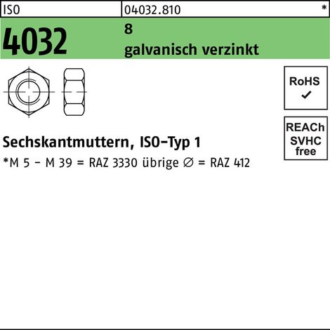 Sechskantmutter ISO 4032 M3 8 galv.verz. 1000 Stück