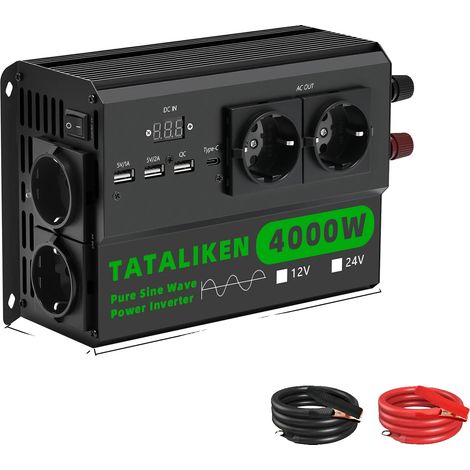 Inverter a onda sinusoidale pura, uscita 220 V CA, raffreddamento a temperatura controllata, 12 V 4000 W 220 V UE - nero (1/2)