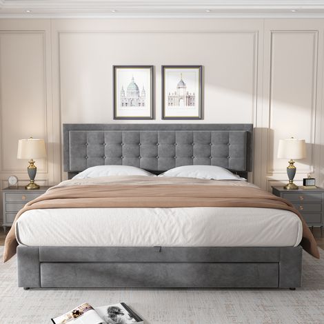 Lit avec coffre et tiroirs, tissu velours, lit rembourré, sommier à lattes, lit double, grand espace de rangement, 160 x 200, gris (1/5)