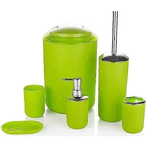 Lot de 6 accessoires de salle de bain vert foncé - Porte-brosse à dents, gobelet, distributeur de savon, brosse WC, corbeille (1/5)