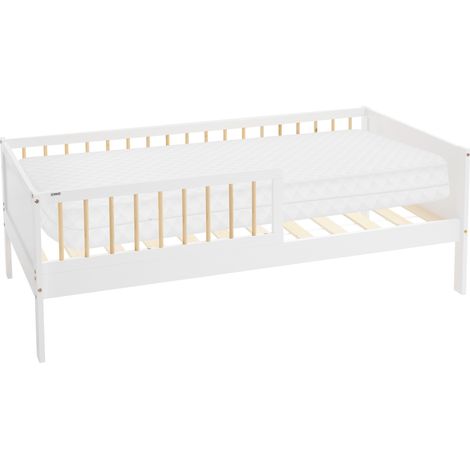 ML-Design Cama Infantil con Colchón 80 x 160 cm de Madera Maciza de Pino Blanco-Beige, Lecho Individual para Niños y Niñas con Somier de Láminas y Protección Anticaída Cuna para Habitación Juvenil