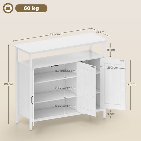 Buffet de cuisine avec étagère ouverte et 2 placards, en bois et acier, 100 x 35 x 88 cm, blanc (1/5)