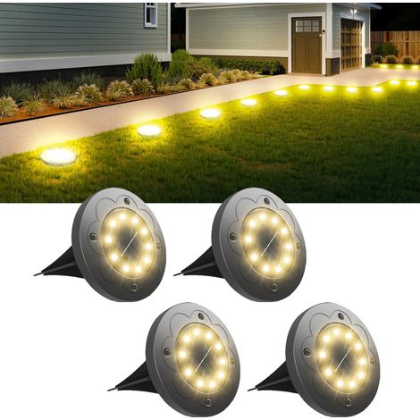 Lot de 4 spots solaires LED étanches à encastrer pour l'extérieur, 10 spots solaires LED encastrés pour jardin, terrasse, allée, blanc chaud (1/5)