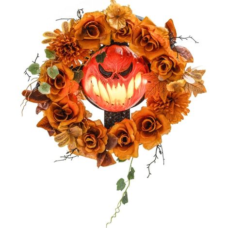 Halloween-Kranz mit leuchtendem Kürbis und Herbstblättern aus Stahl und Polyester (1/5)