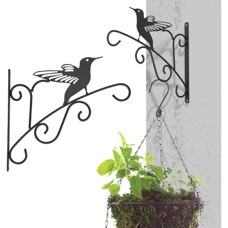Support mural pour plantes avec crochets décoratifs en fer, panier à fleurs, carillon éolien, mangeoire à oiseaux et oiseaux (1/5)