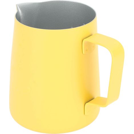 380 ml Milchaufschäumer aus Edelstahl, spitzer Ausguss, Milchaufschäumbecher, gelbes Kaffeebesteck (1/5)