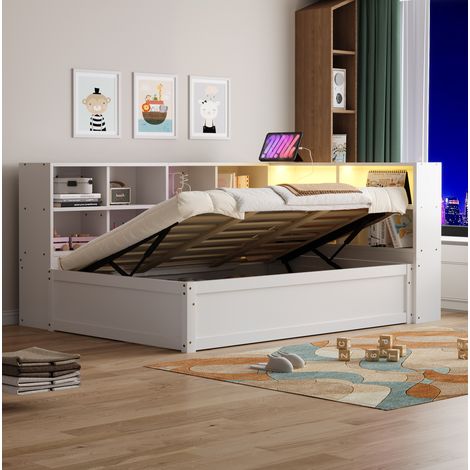 Letto singolo multifunzione moderno 90x200 cm in legno bianco, con testiera LED, presa integrata e contenitore idraulico (1/5)