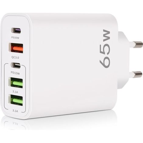 Chargeur USB C, 65W 5 Ports Chargeur USB C avec Chargeur Rapide Intelligent QC 3.0, Adaptateur d'alimentation USB pour iPhone 15 14 13 12 11 Pro Max SE 2020 XS XR 8 7, Samsung (1/5)